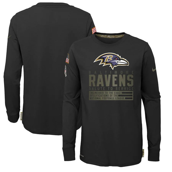 Youth Baltimore Ravens Black NFL 2020 Salute To Service Sideline Performance Long Sleeve T-Shirt